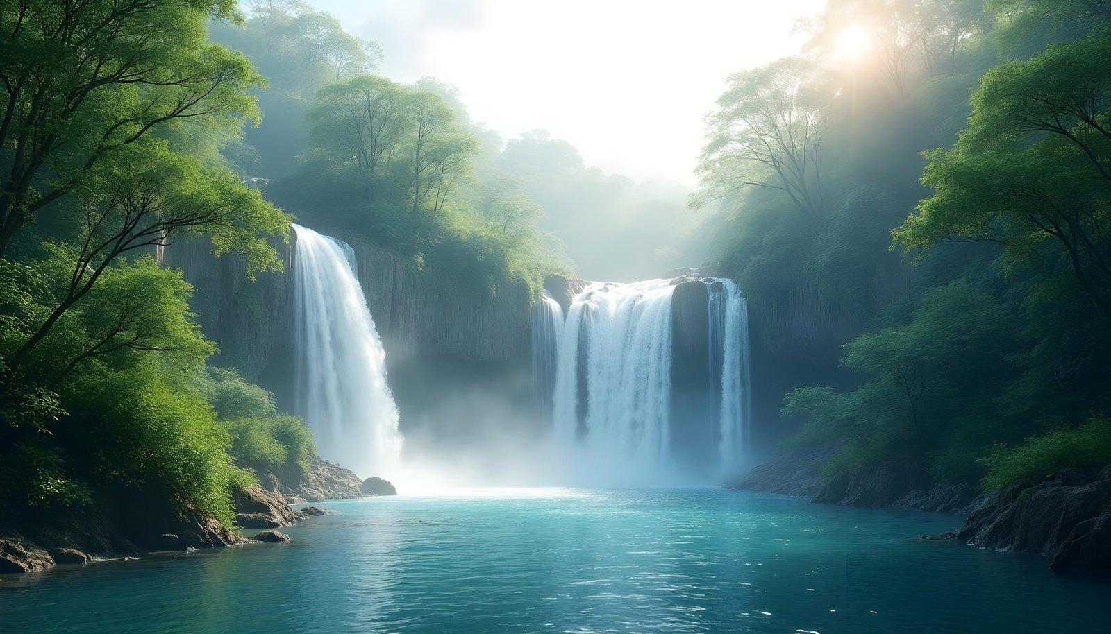 Beautiful Waterfall Landscape Nature Wallpaper Background with Crystal Clear Water