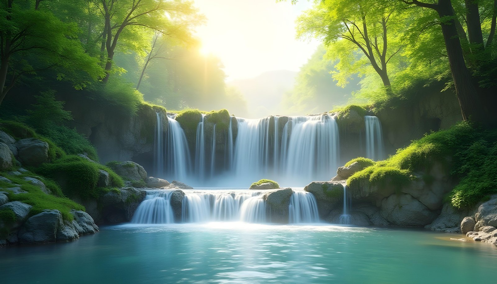 Beautiful Waterfall Landscape Nature Wallpaper Background with Crystal Clear Water
