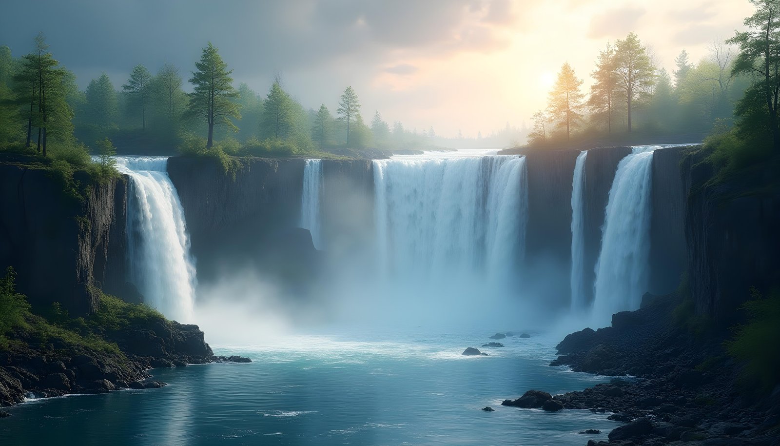 Beautiful Waterfall Landscape Nature Wallpaper Background with Crystal Clear Water