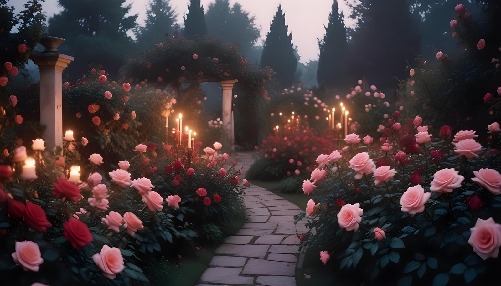 Enchanting Rose Garden Landscape with Blooming Flowers and Magical Moonlit Atmosphere