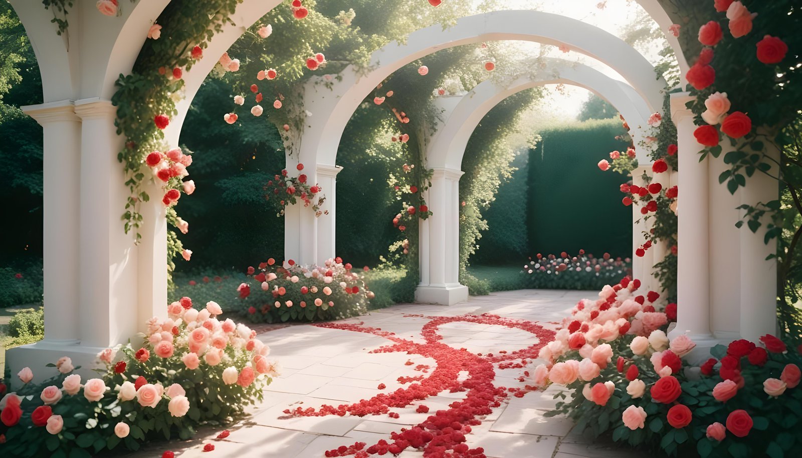 Enchanting Rose Garden Landscape with Blooming Flowers and Magical Moonlit Atmosphere