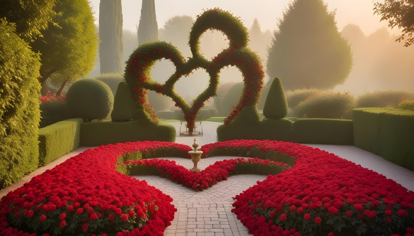 Enchanting Rose Garden Landscape with Blooming Flowers and Magical Moonlit Atmosphere