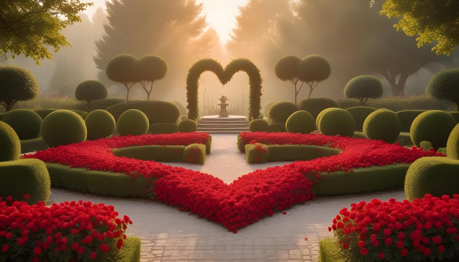 Enchanting Rose Garden Landscape with Blooming Flowers and Magical Moonlit Atmosphere
