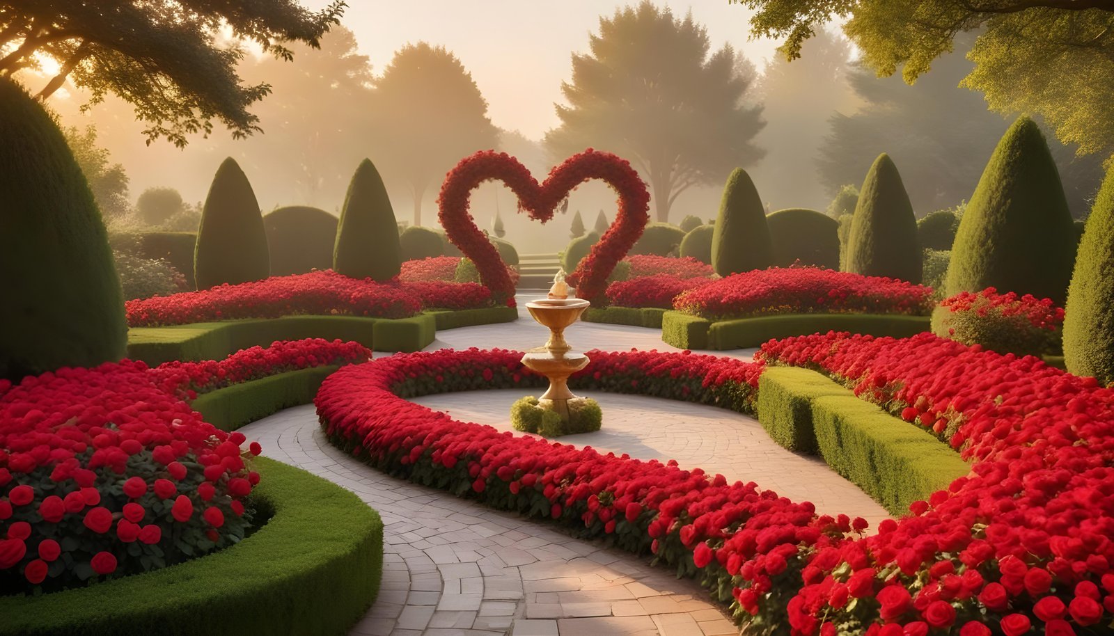 Enchanting Rose Garden Landscape with Blooming Flowers and Magical Moonlit Atmosphere