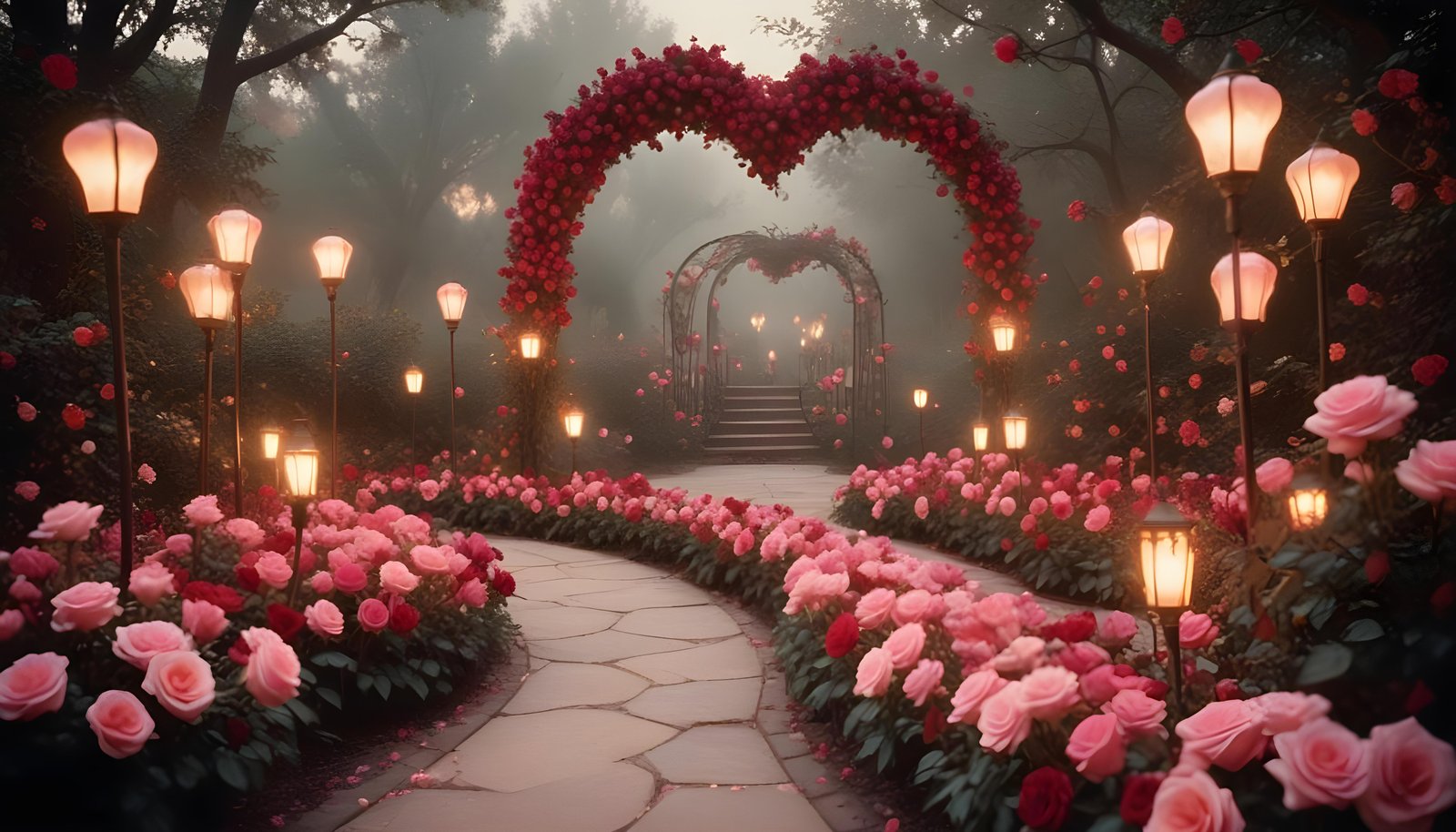 Enchanting Rose Garden Landscape with Blooming Flowers and Magical Moonlit Atmosphere