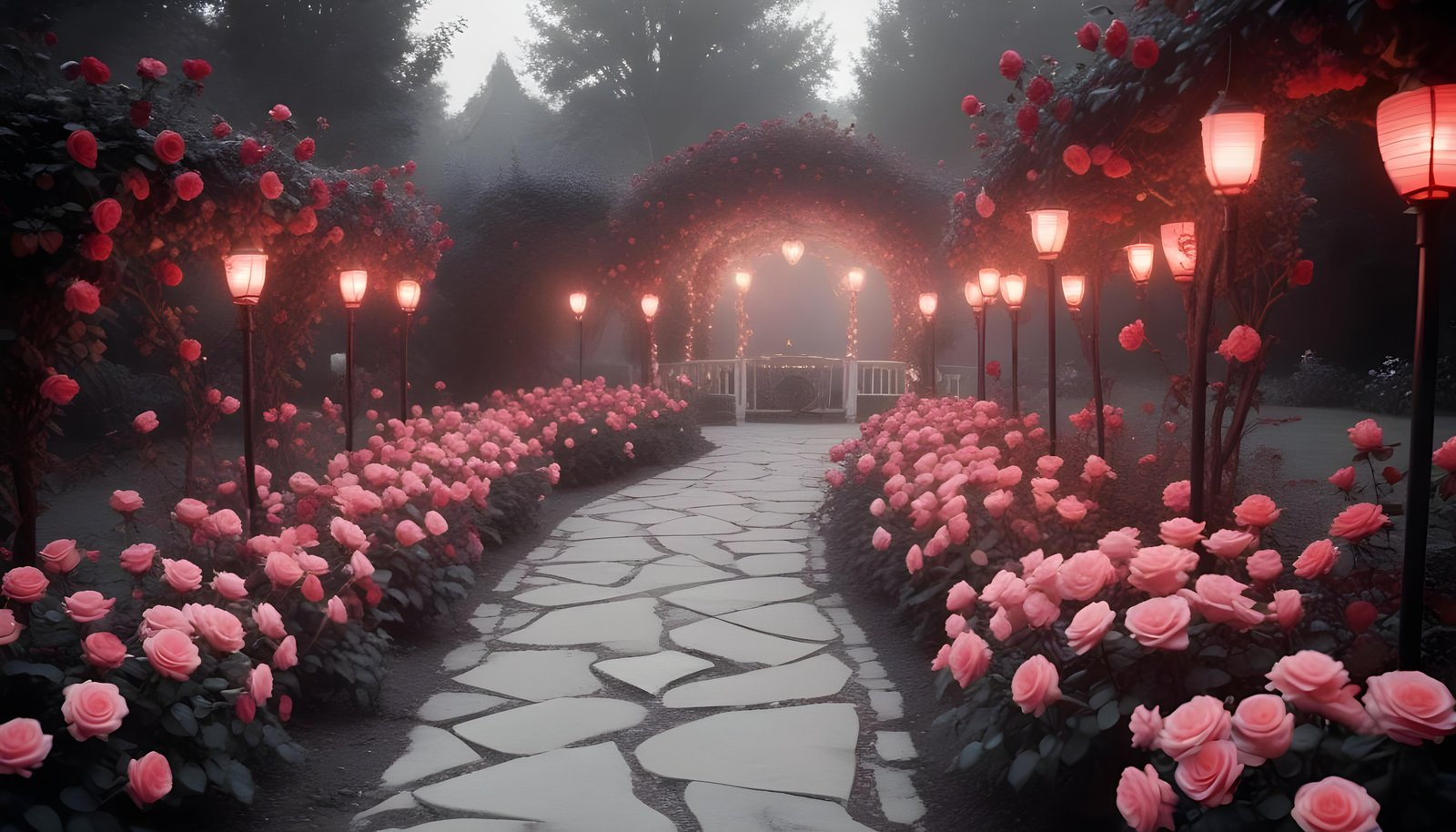 Enchanting Rose Garden Landscape with Blooming Flowers and Magical Moonlit Atmosphere