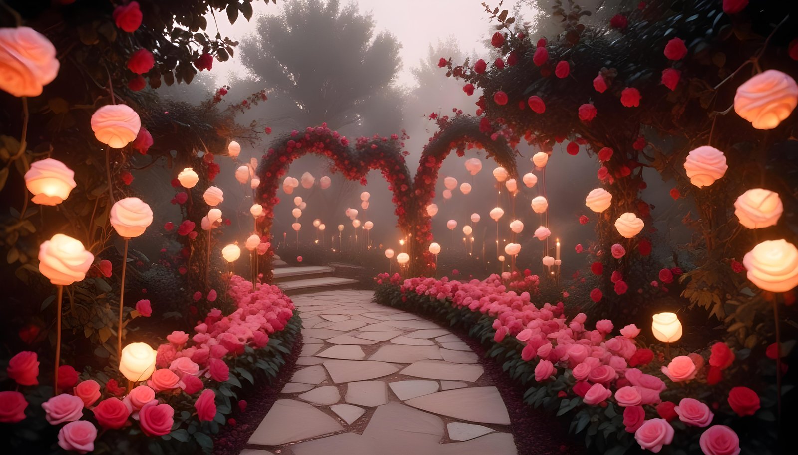 Enchanting Rose Garden Landscape with Blooming Flowers and Magical Moonlit Atmosphere