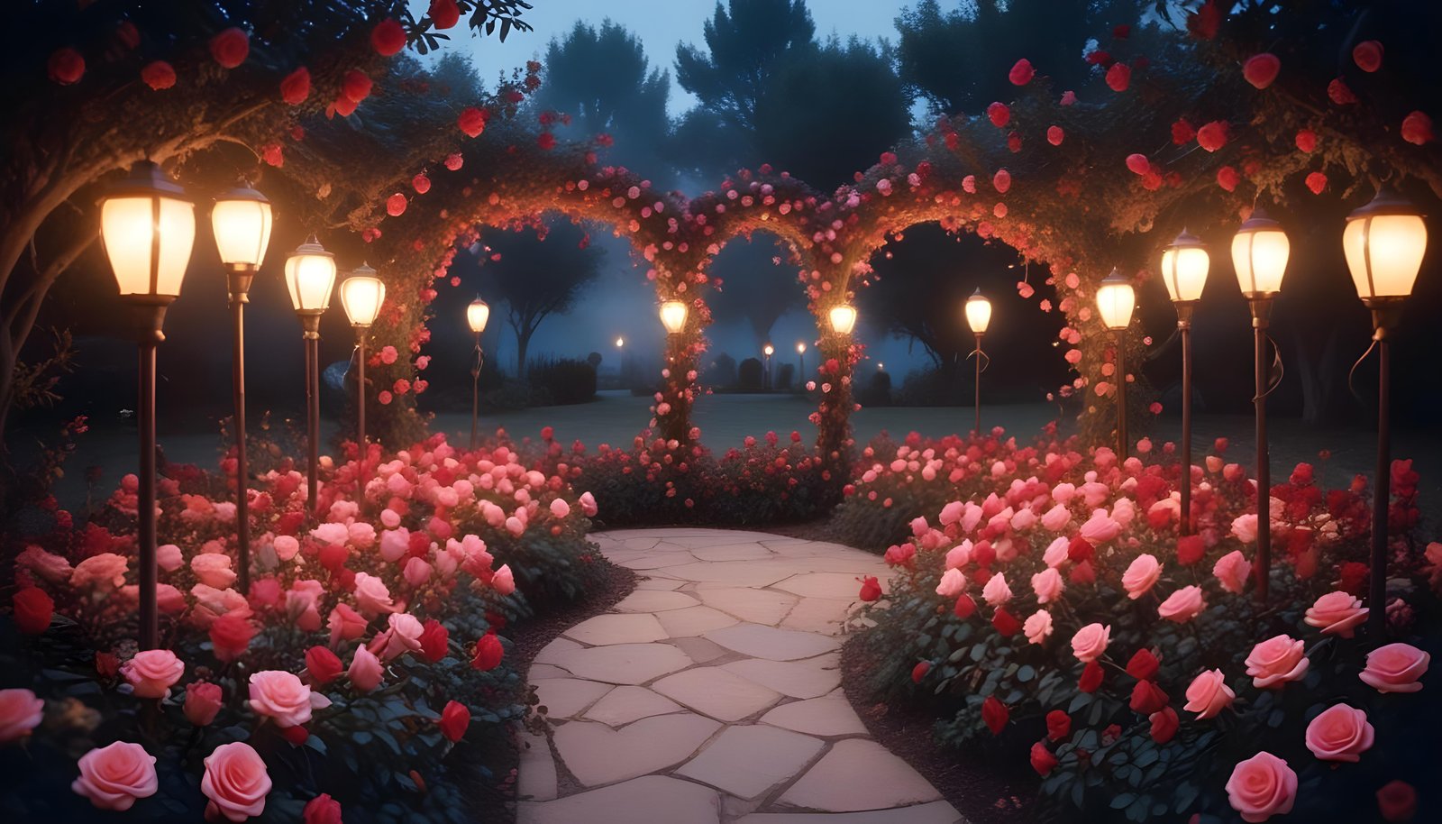 Enchanting Rose Garden Landscape with Blooming Flowers and Magical Moonlit Atmosphere