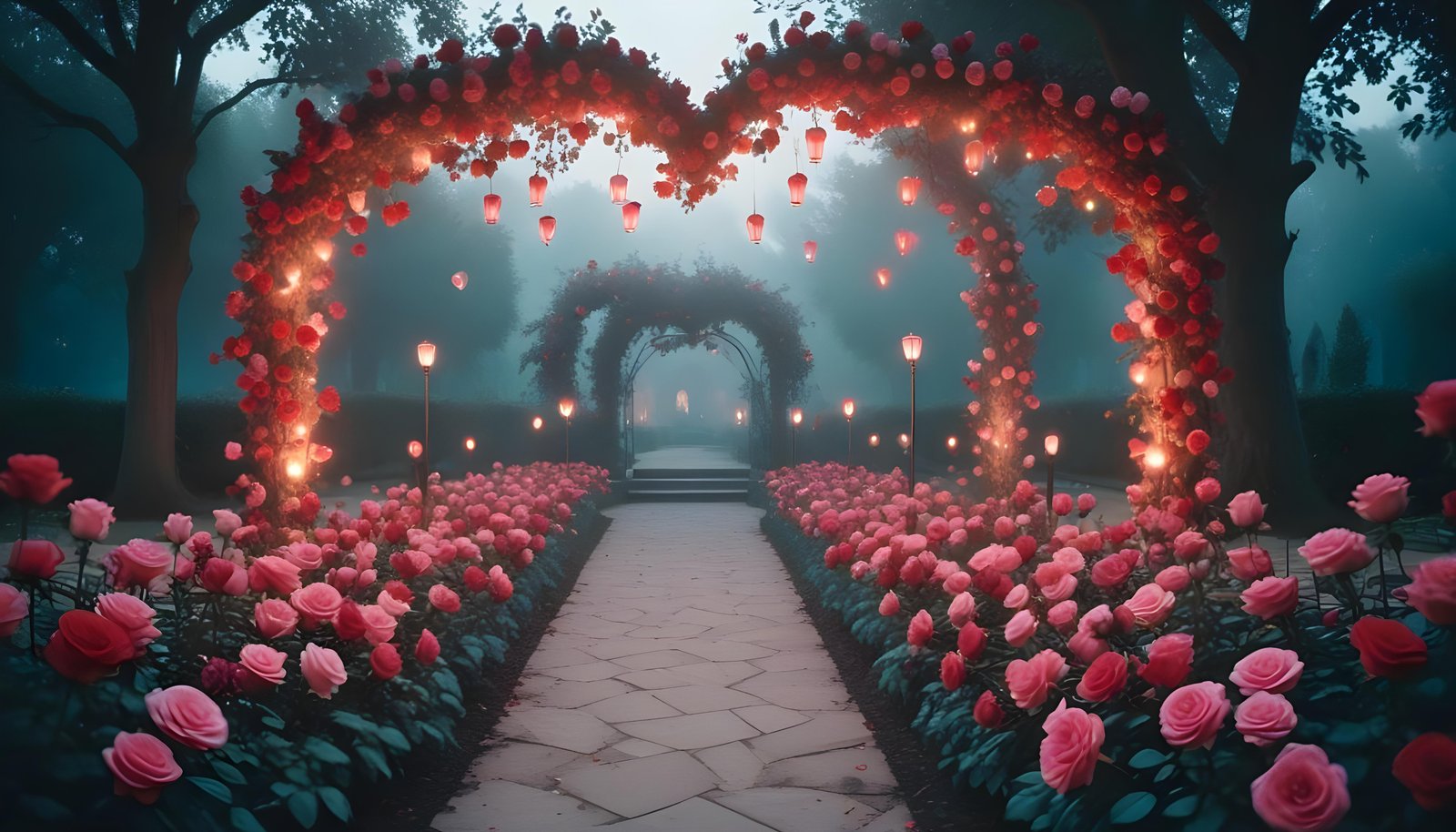 Enchanting Rose Garden Landscape with Blooming Flowers and Magical Moonlit Atmosphere