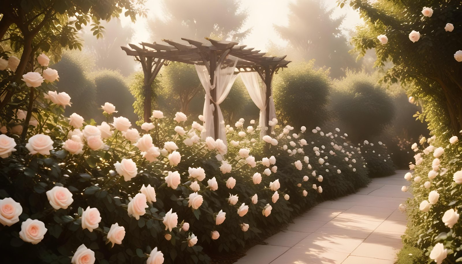 Enchanting Rose Garden Landscape with Blooming Flowers and Magical Moonlit Atmosphere