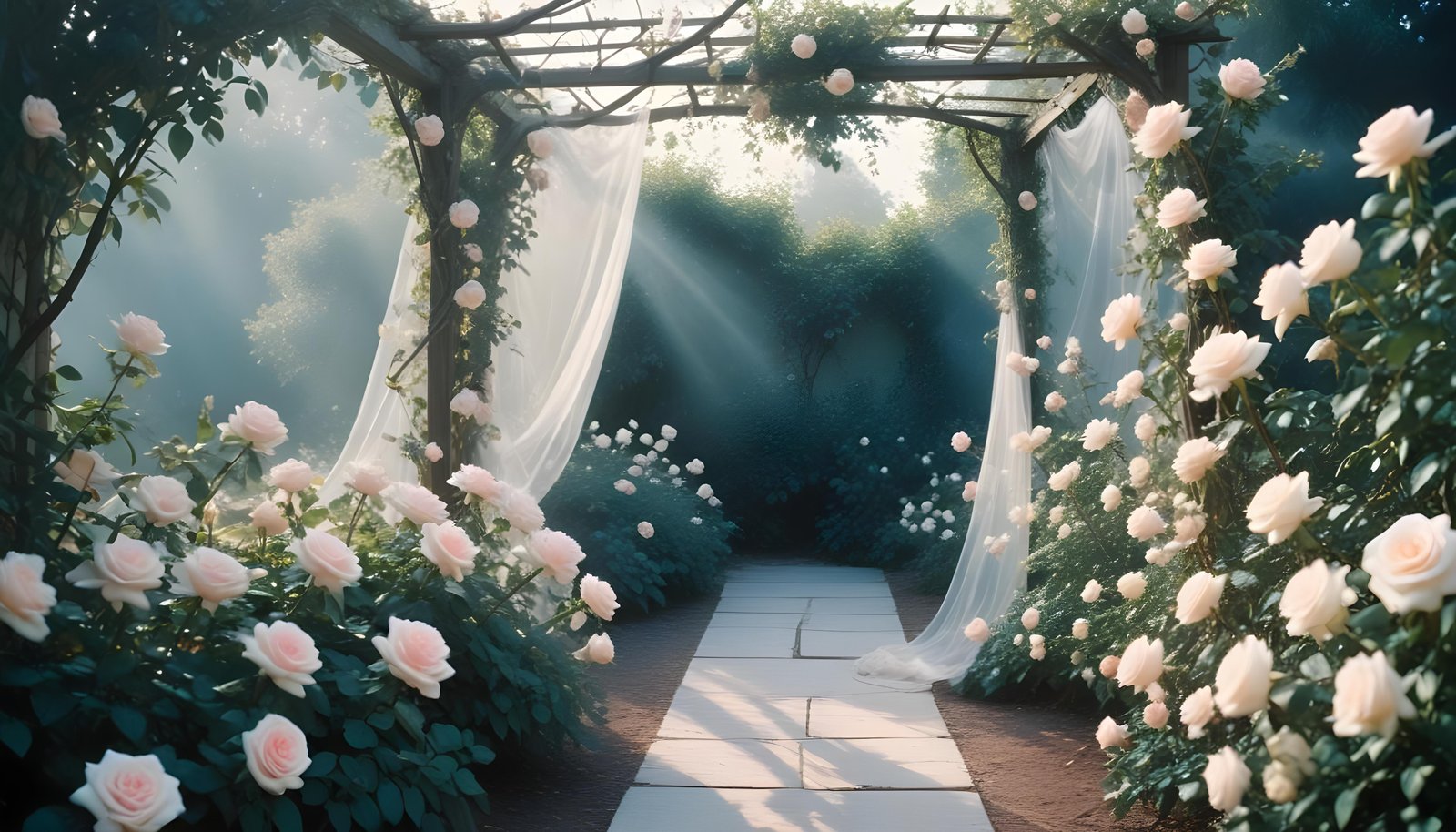 Enchanting Rose Garden Landscape with Blooming Flowers and Magical Moonlit Atmosphere