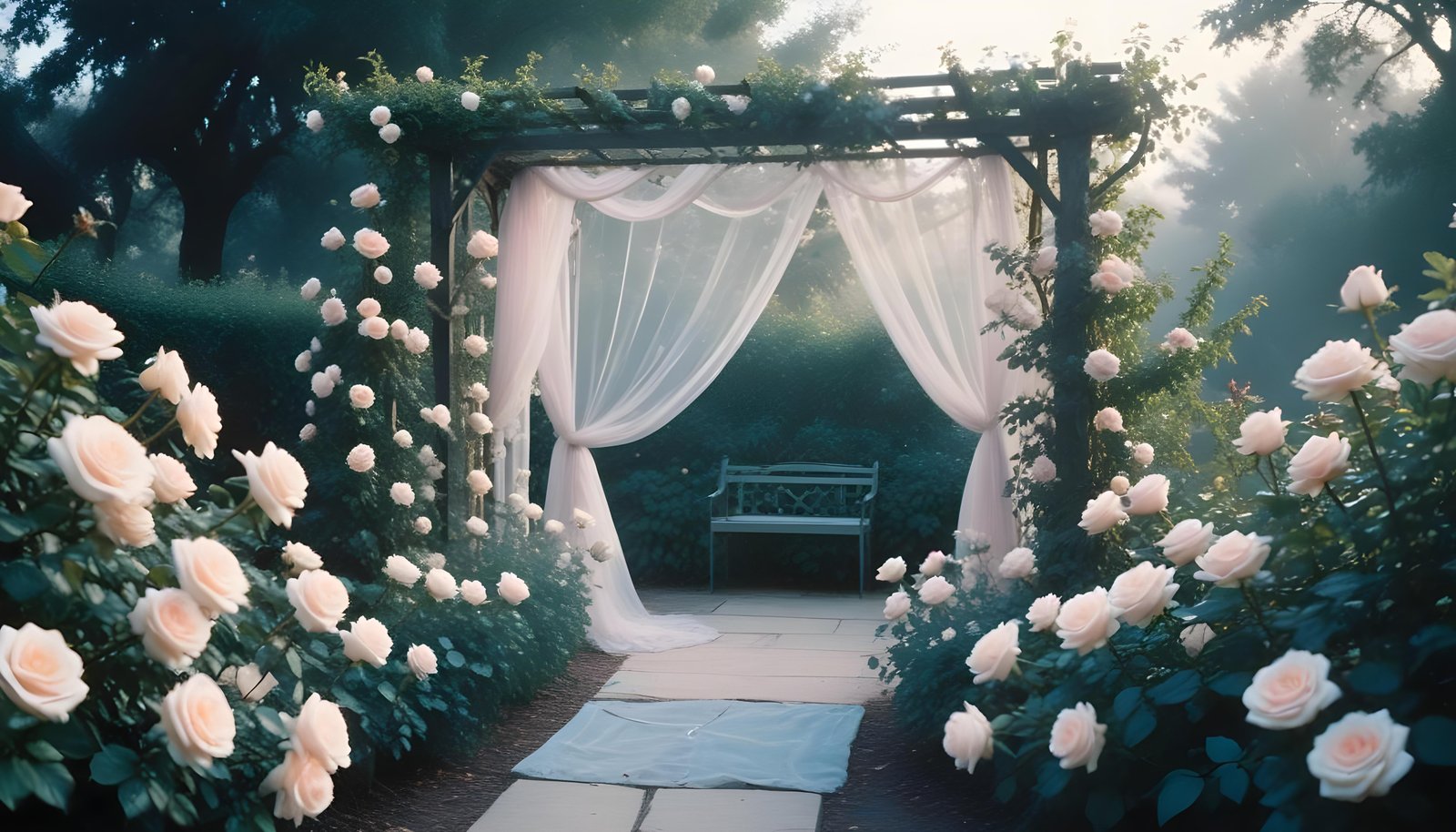 Enchanting Rose Garden Landscape with Blooming Flowers and Magical Moonlit Atmosphere