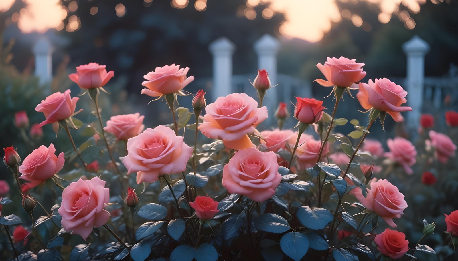Enchanting Rose Garden Landscape with Blooming Flowers and Magical Moonlit Atmosphere