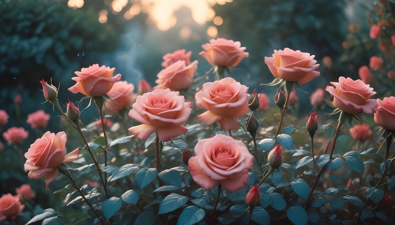 Enchanting Rose Garden Landscape with Blooming Flowers and Magical Moonlit Atmosphere