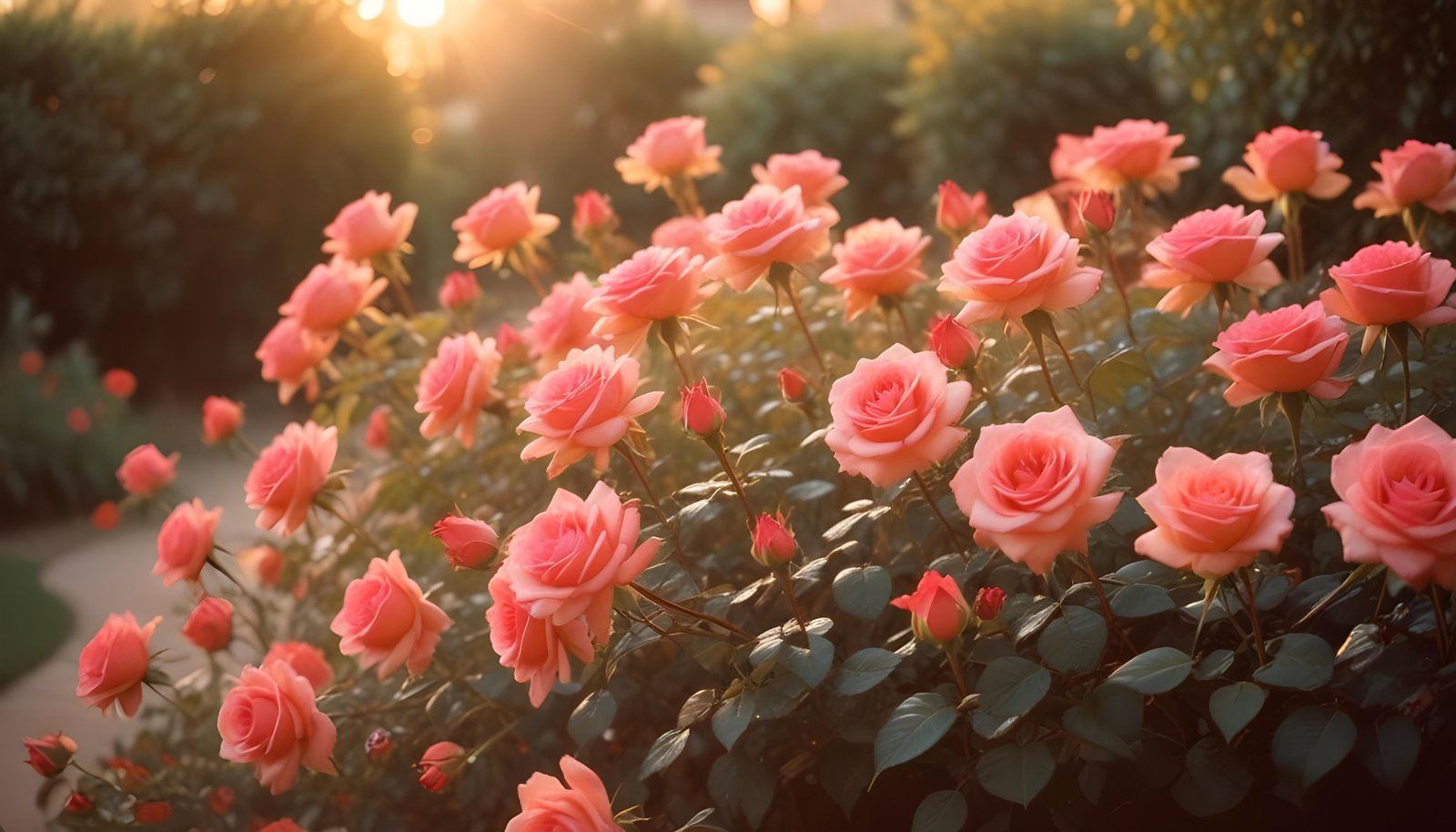 Enchanting Rose Garden Landscape with Blooming Flowers and Magical Moonlit Atmosphere