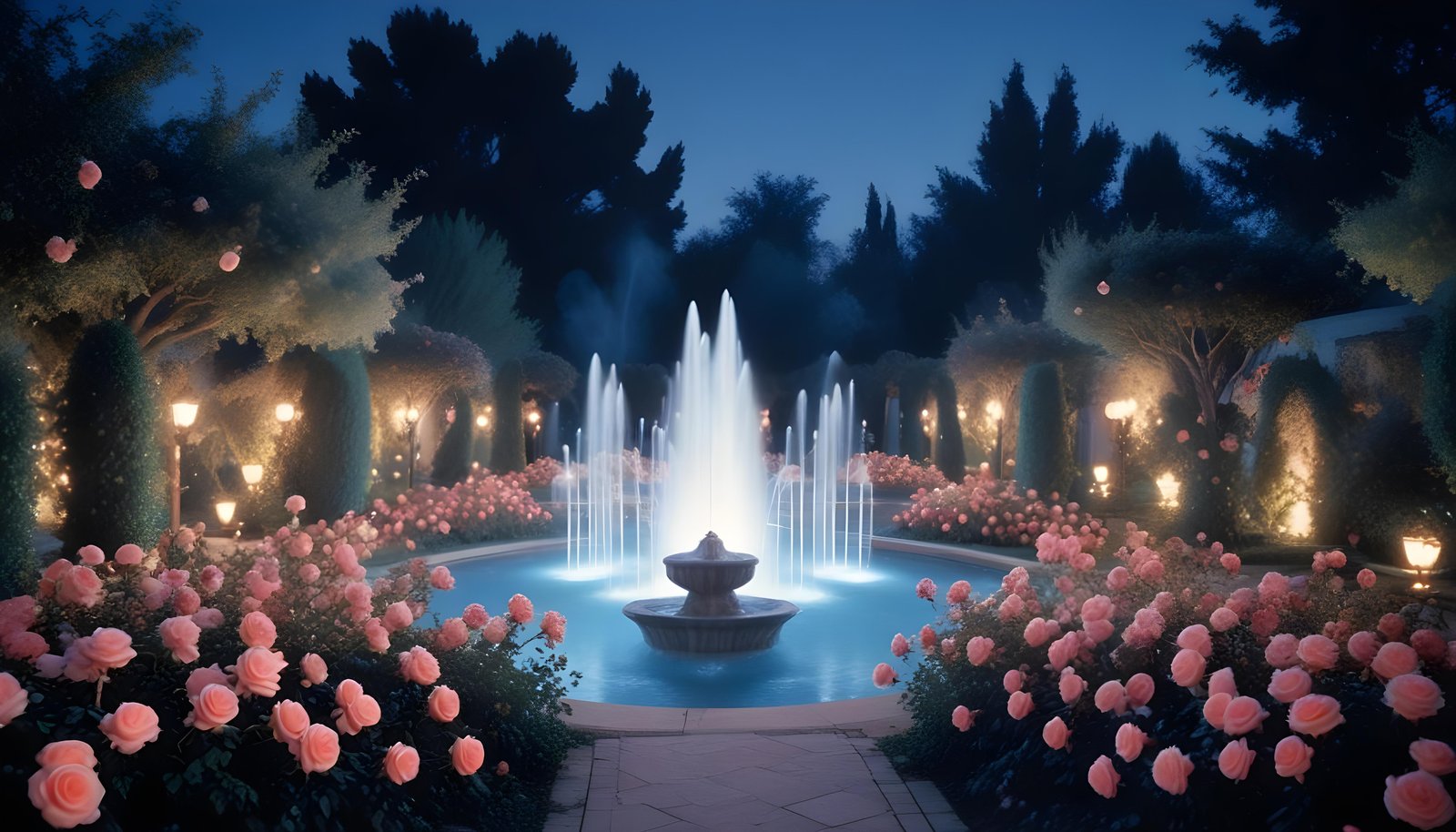 Enchanting Rose Garden Landscape with Blooming Flowers and Magical Moonlit Atmosphere