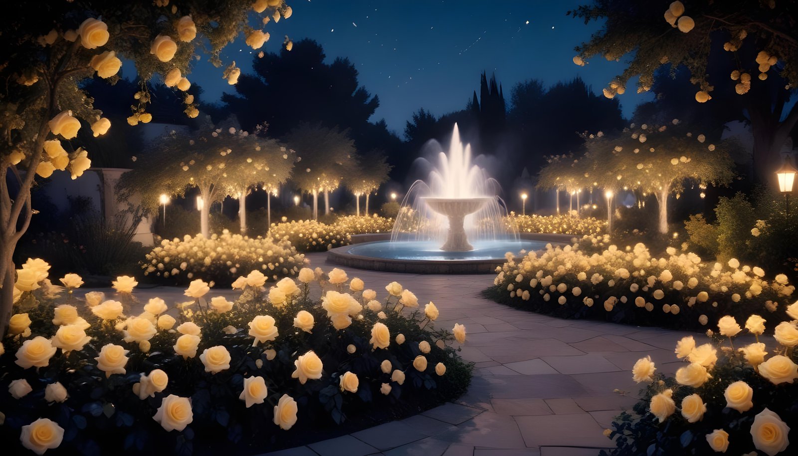 Enchanting Rose Garden Landscape with Blooming Flowers and Magical Moonlit Atmosphere