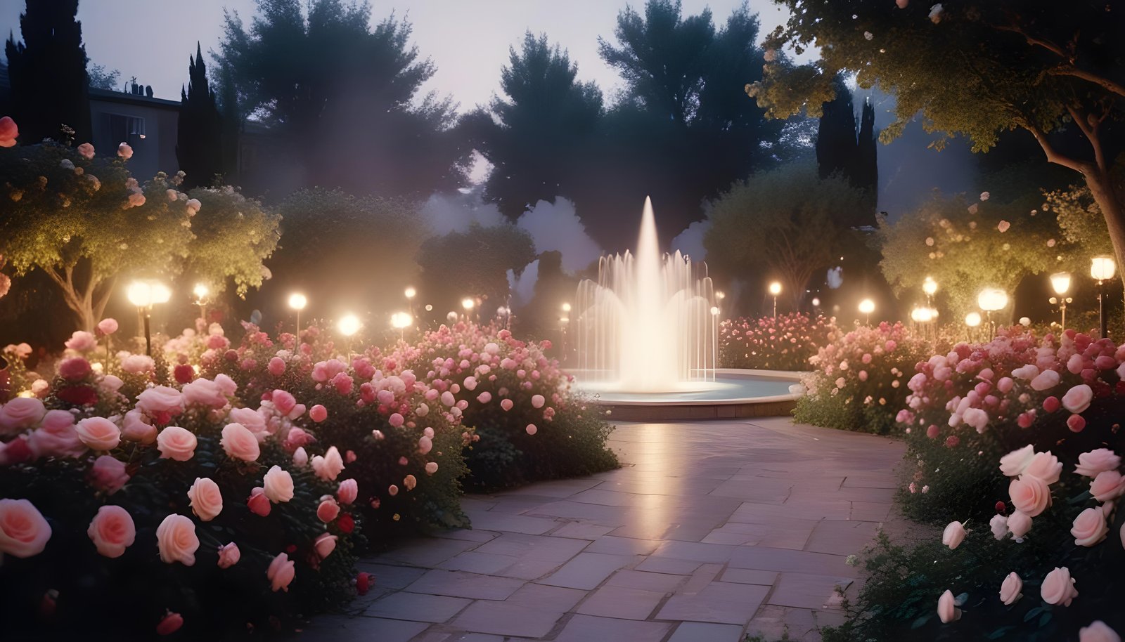 Enchanting Rose Garden Landscape with Blooming Flowers and Magical Moonlit Atmosphere