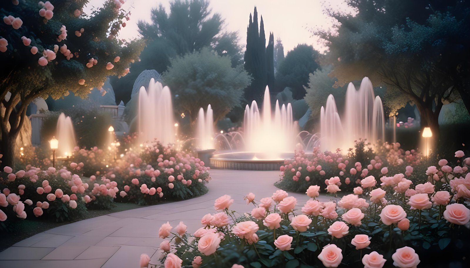Enchanting Rose Garden Landscape with Blooming Flowers and Magical Moonlit Atmosphere