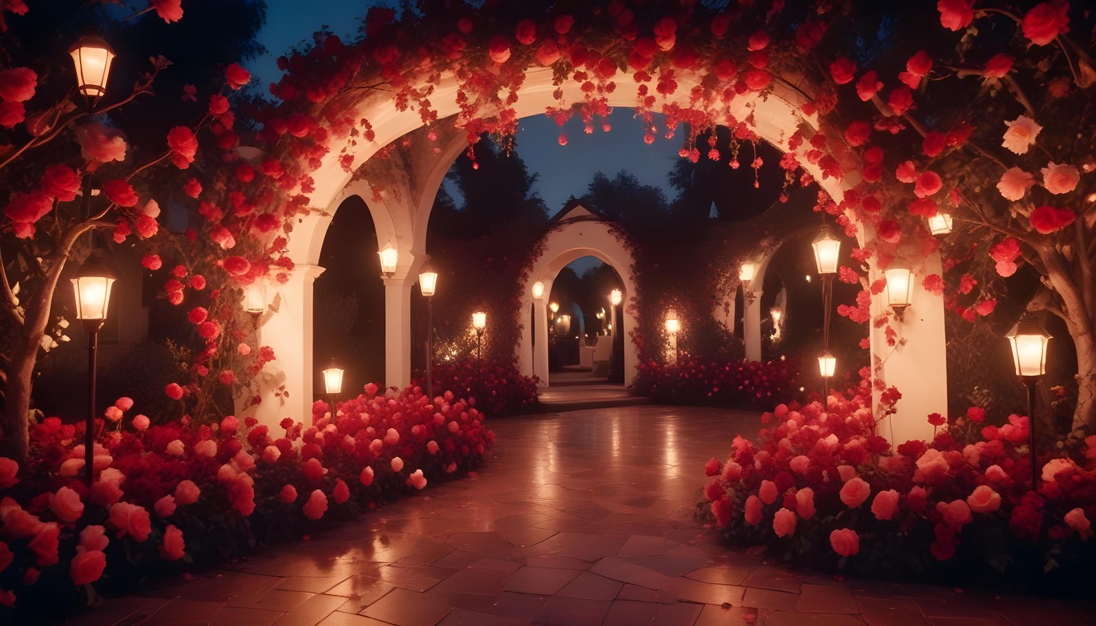 Enchanting Rose Garden Landscape with Blooming Flowers and Magical Moonlit Atmosphere