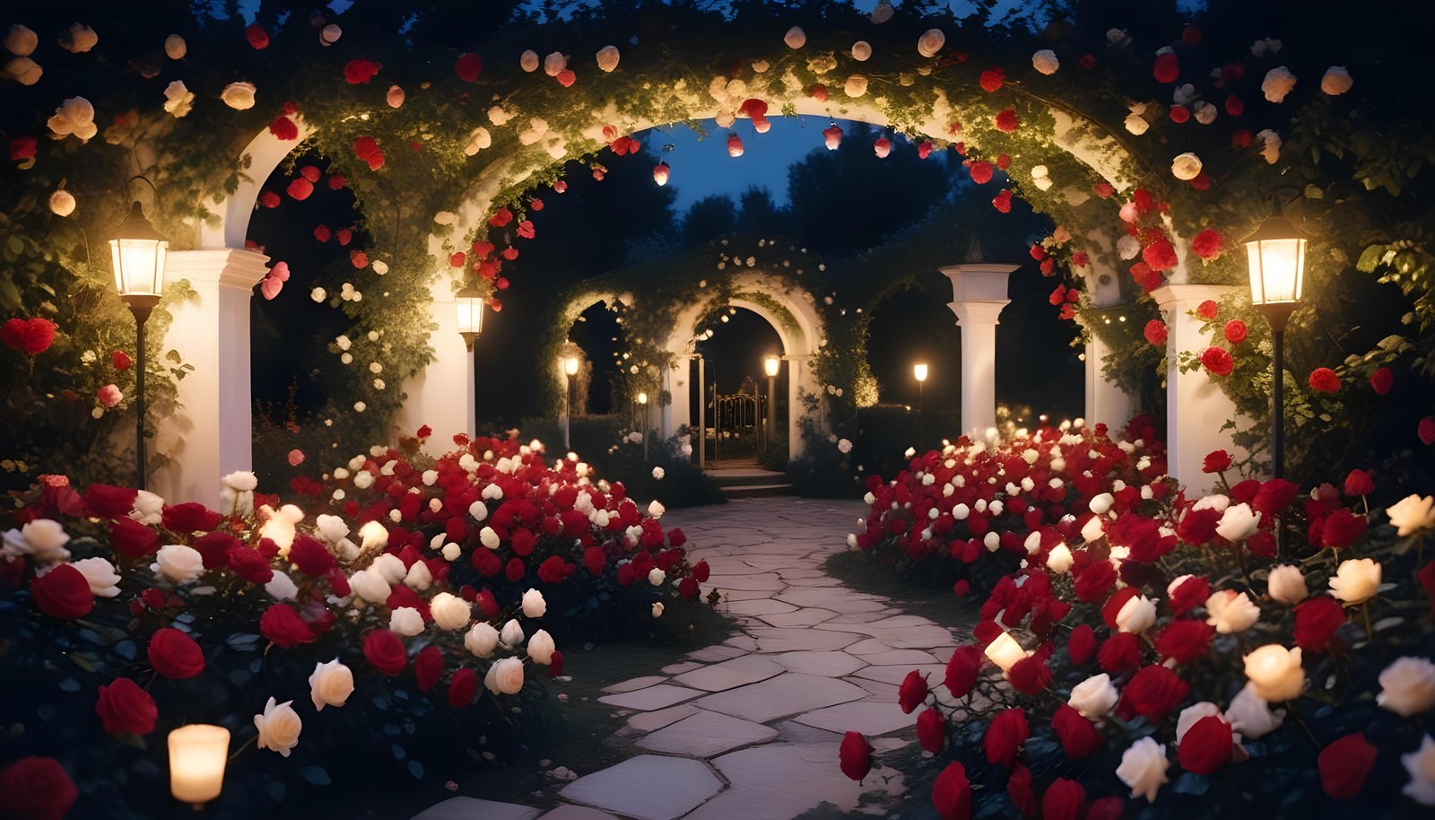 Enchanting Rose Garden Landscape with Blooming Flowers and Magical Moonlit Atmosphere