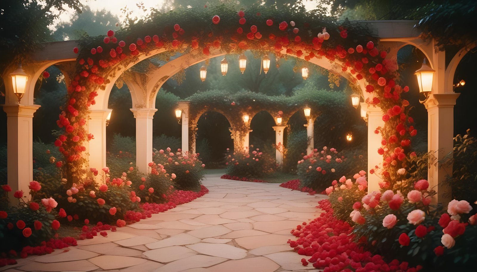 Enchanting Rose Garden Landscape with Blooming Flowers and Magical Moonlit Atmosphere