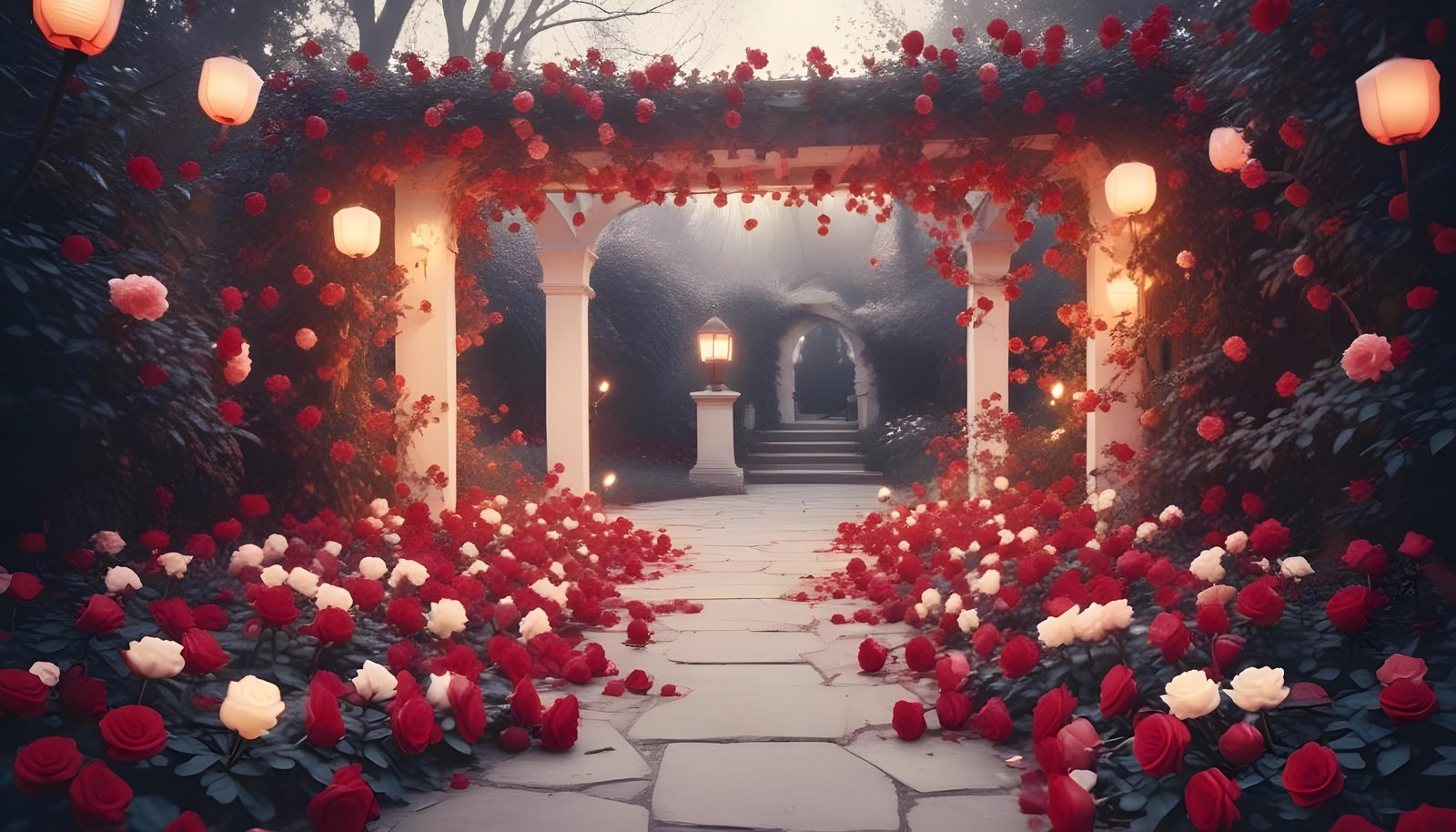 Enchanting Rose Garden Landscape with Blooming Flowers and Magical Moonlit Atmosphere