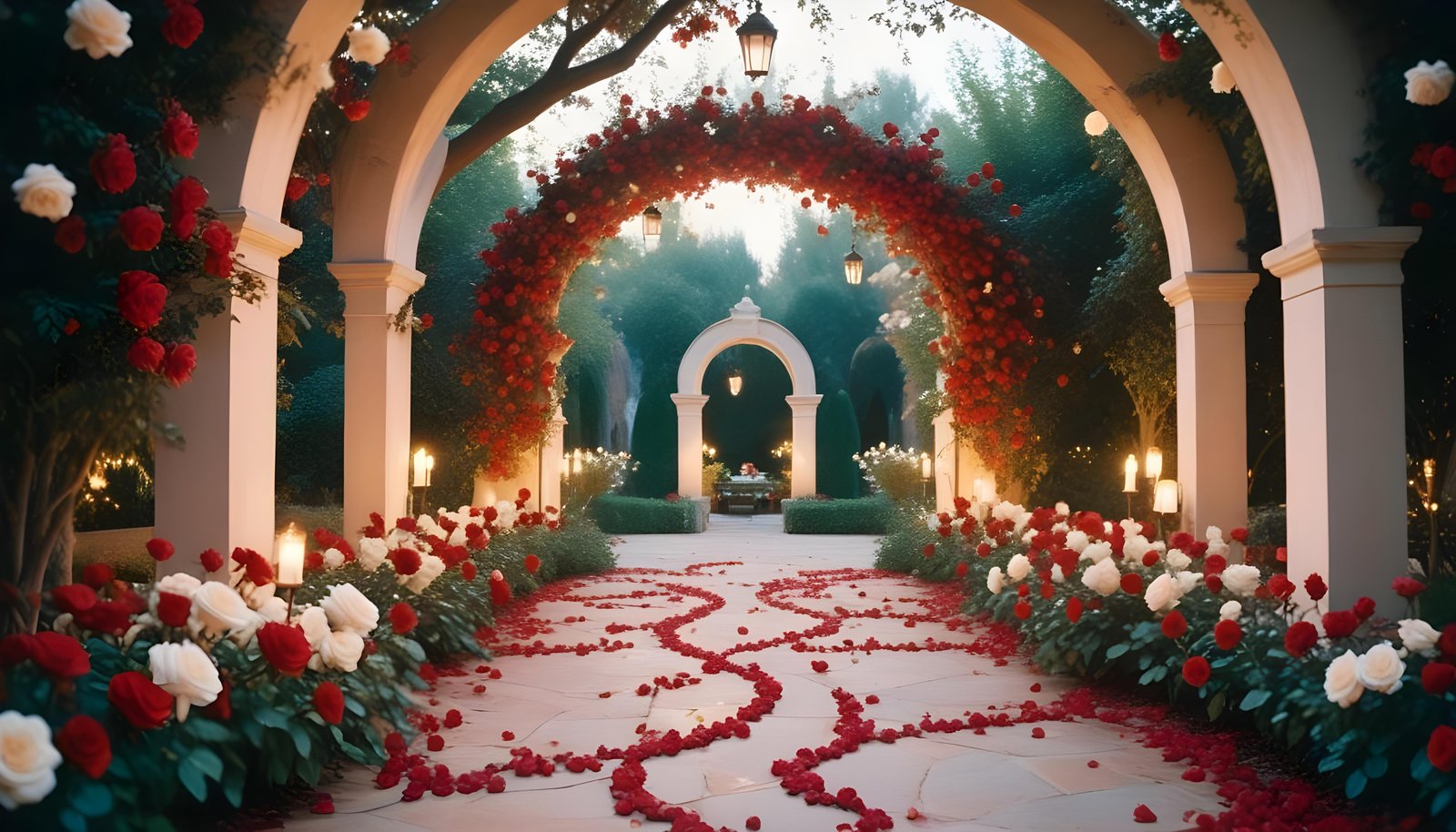 Enchanting Rose Garden Landscape with Blooming Flowers and Magical Moonlit Atmosphere