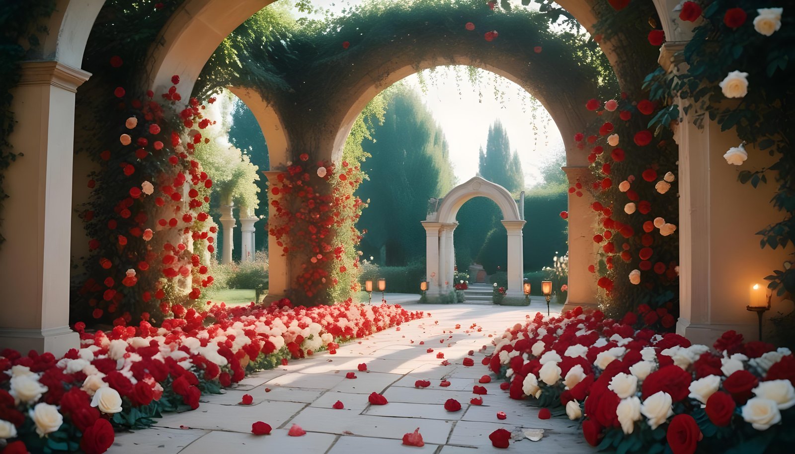 Enchanting Rose Garden Landscape with Blooming Flowers and Magical Moonlit Atmosphere