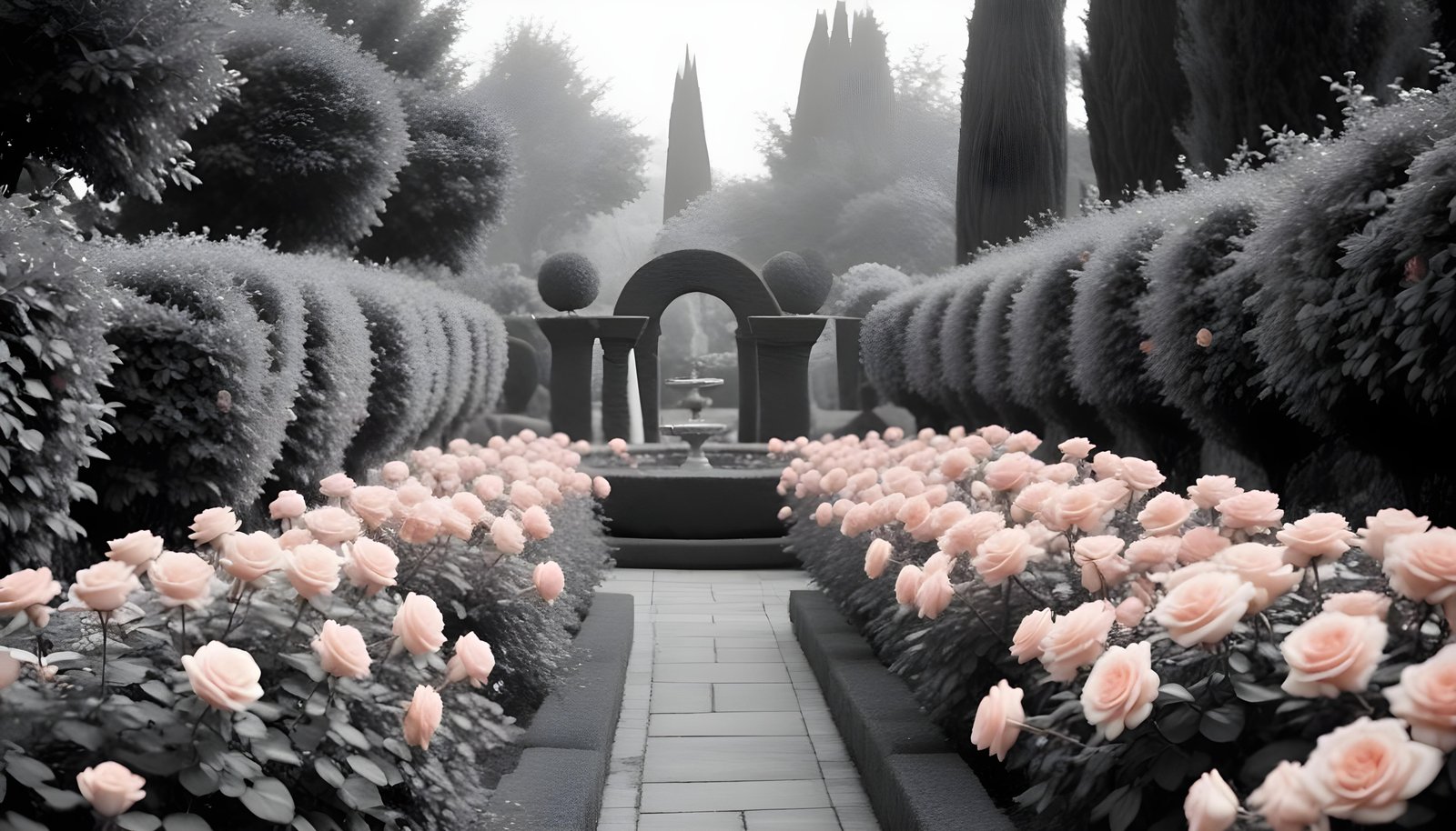 Enchanting Rose Garden Landscape with Blooming Flowers and Magical Moonlit Atmosphere