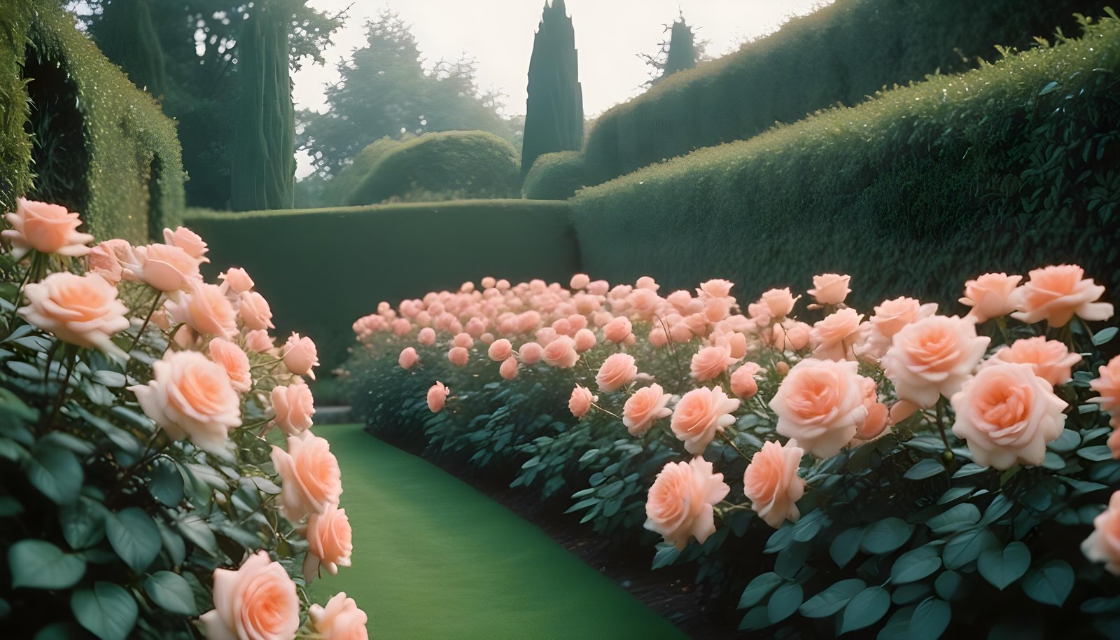 Enchanting Rose Garden Landscape with Blooming Flowers and Magical Moonlit Atmosphere