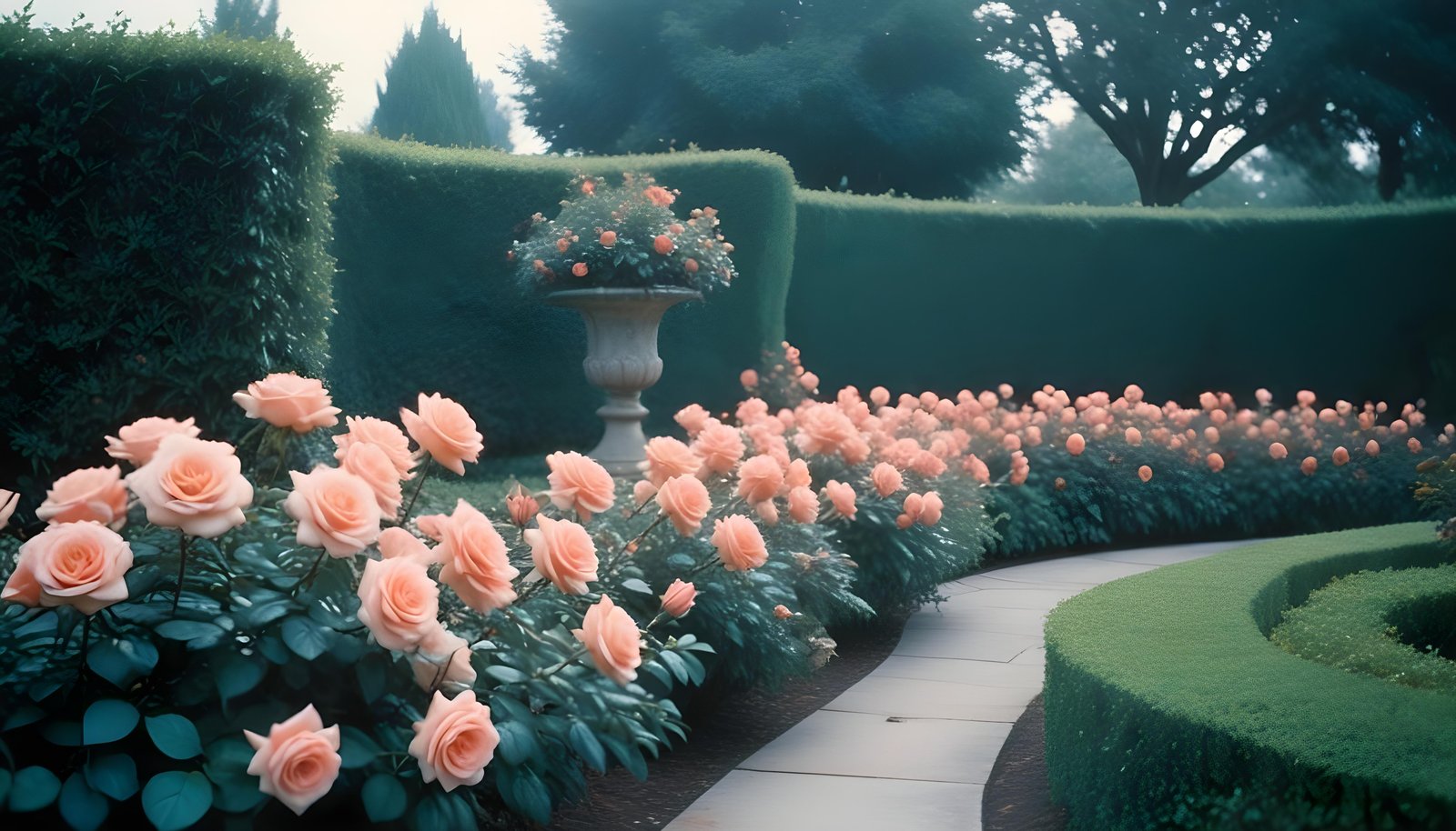Enchanting Rose Garden Landscape with Blooming Flowers and Magical Moonlit Atmosphere