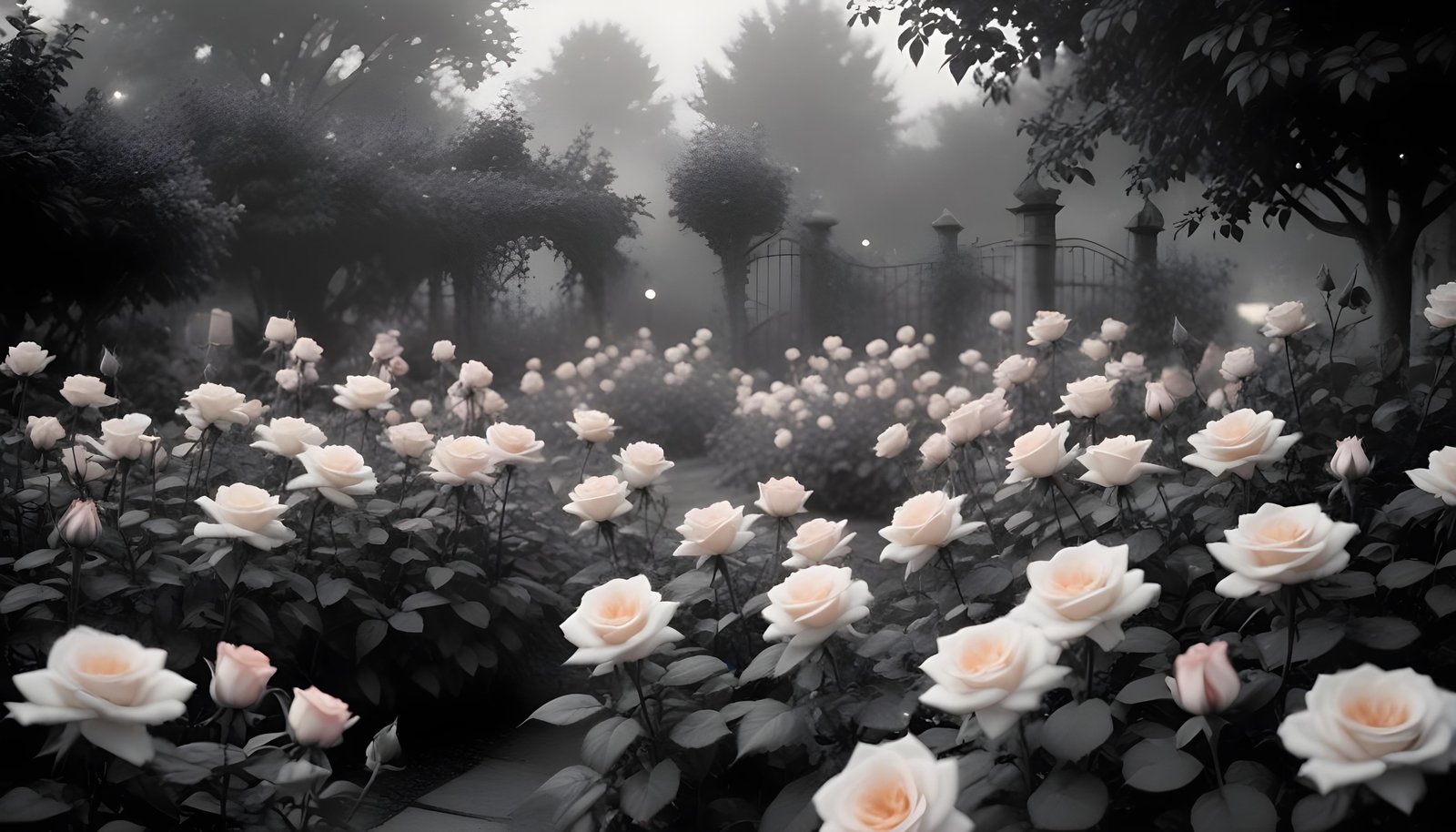 Enchanting Rose Garden Landscape with Blooming Flowers and Magical Moonlit Atmosphere