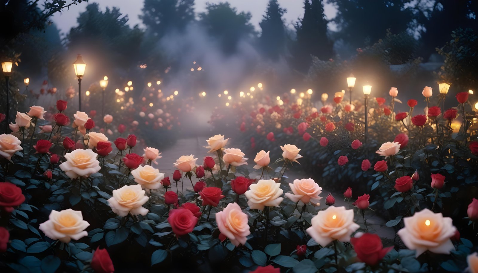 Enchanting Rose Garden Landscape with Blooming Flowers and Magical Moonlit Atmosphere
