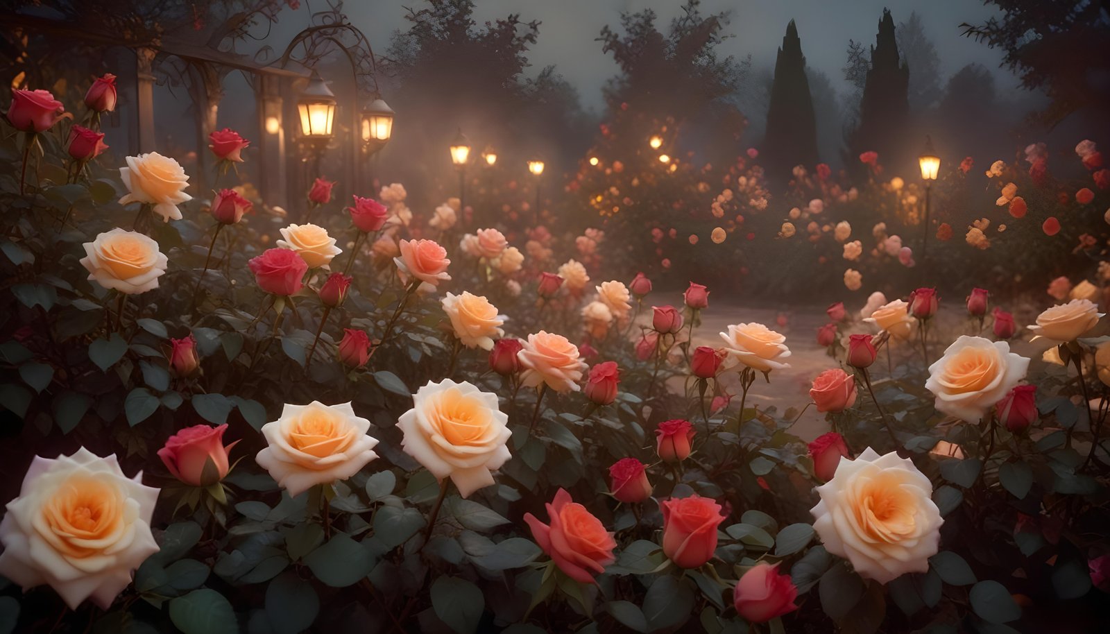 Enchanting Rose Garden Landscape with Blooming Flowers and Magical Moonlit Atmosphere