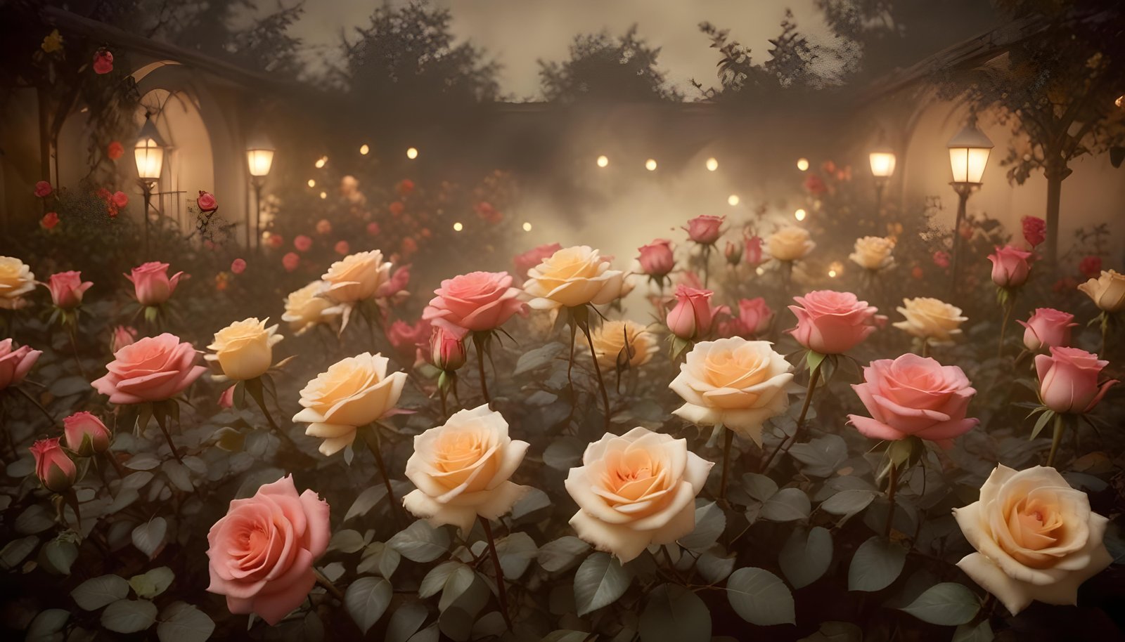 Enchanting Rose Garden Landscape with Blooming Flowers and Magical Moonlit Atmosphere