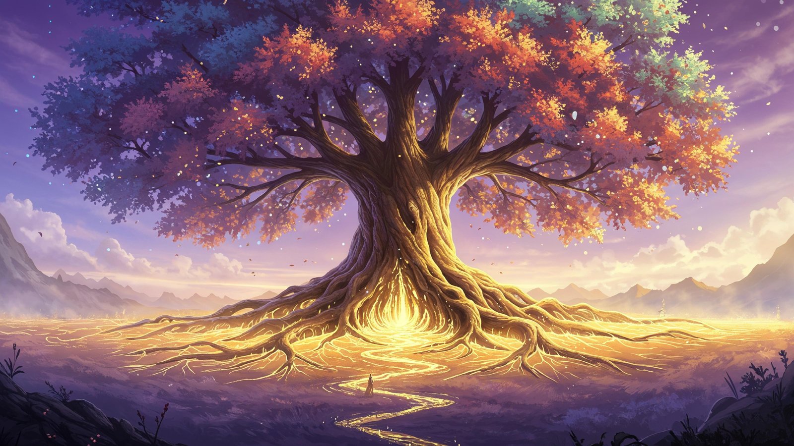 Fantasy Tree of Life with Glowing Roots and Magical Landscape Digital Artwork