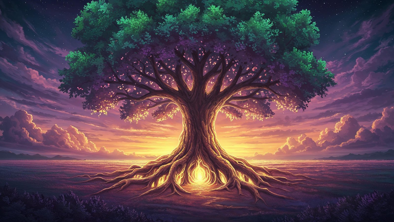Fantasy Tree of Life with Glowing Roots and Magical Landscape Digital Artwork
