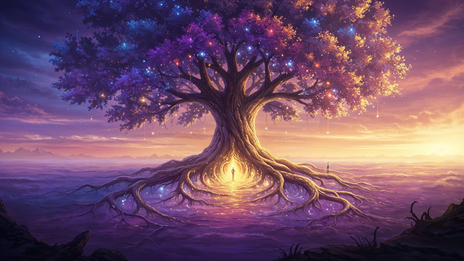 Fantasy Tree of Life with Glowing Roots and Magical Landscape Digital Artwork