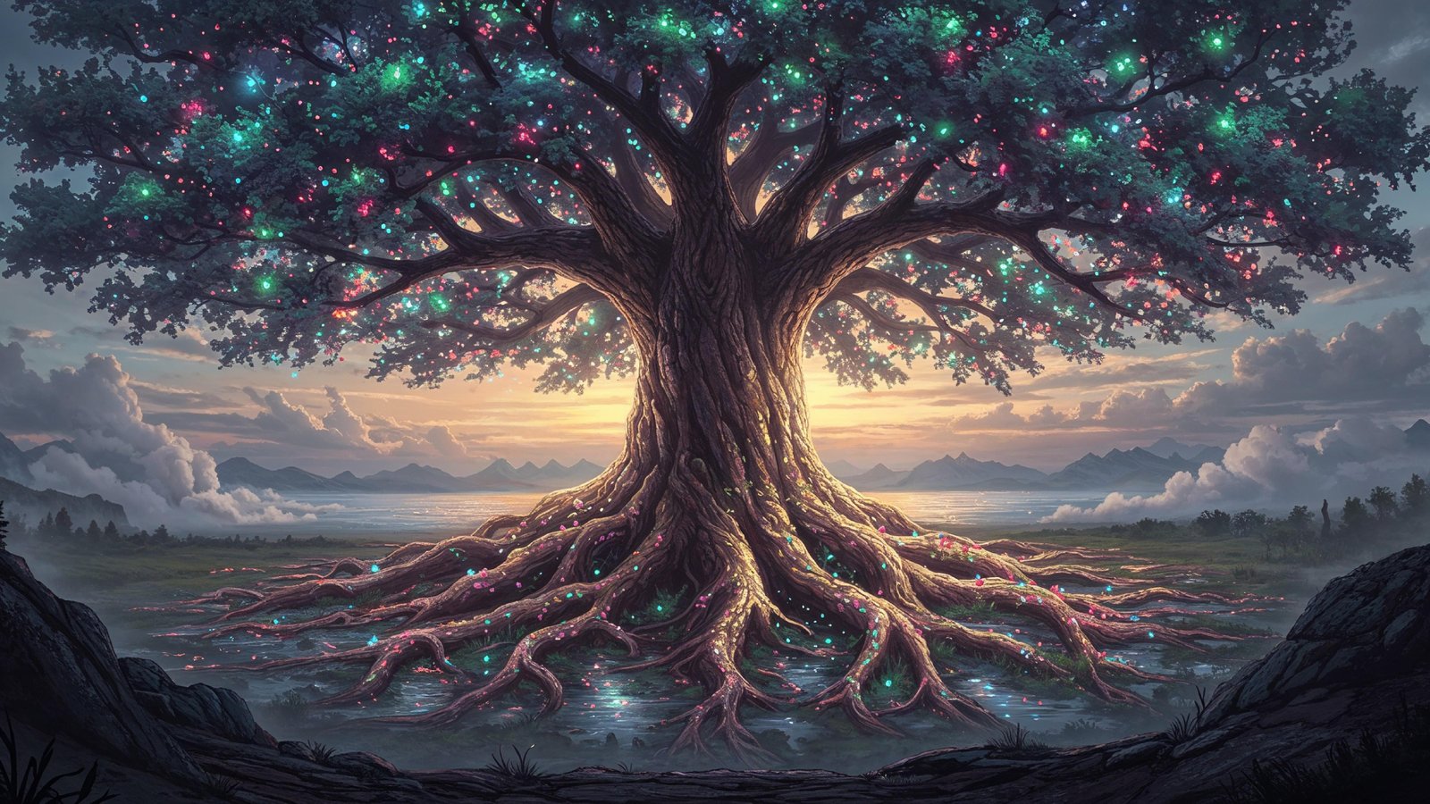 Fantasy Tree of Life with Glowing Roots and Magical Landscape Digital Artwork