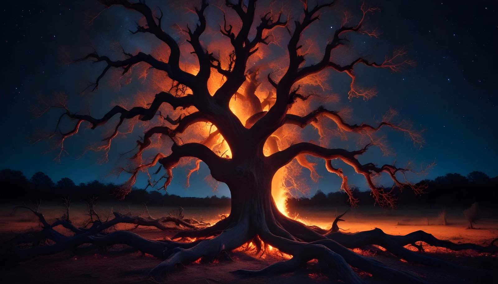 Majestic Ancient Tree with Glowing Fire and Dramatic Fantasy Landscape