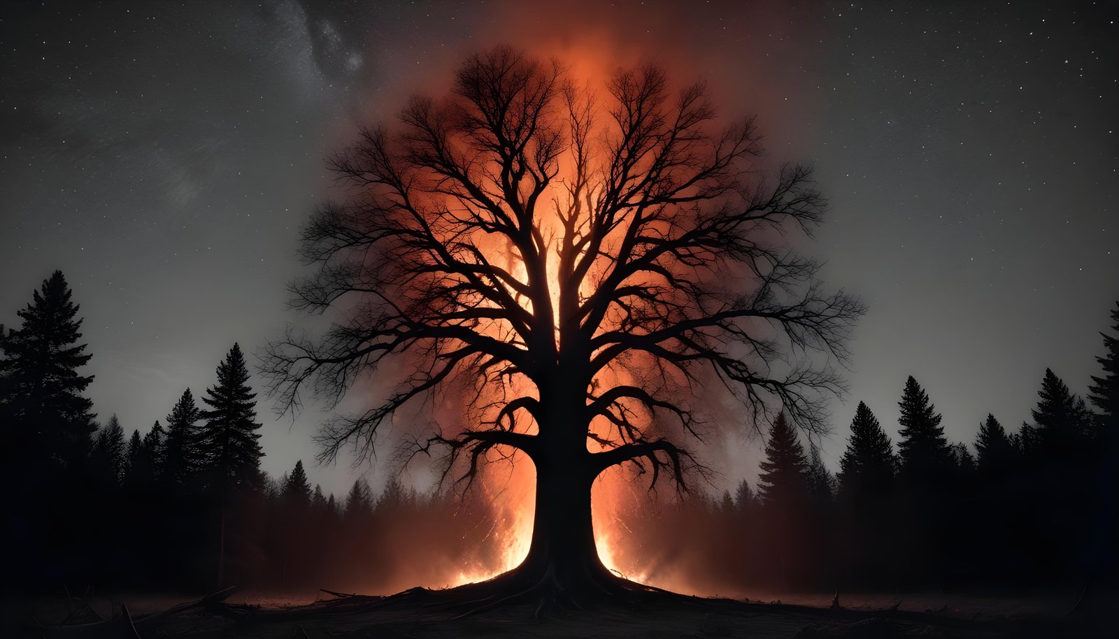 Majestic Ancient Tree with Glowing Fire and Dramatic Fantasy Landscape