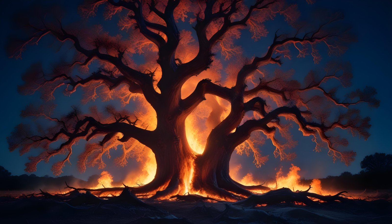 Majestic Ancient Tree with Glowing Fire and Dramatic Fantasy Landscape