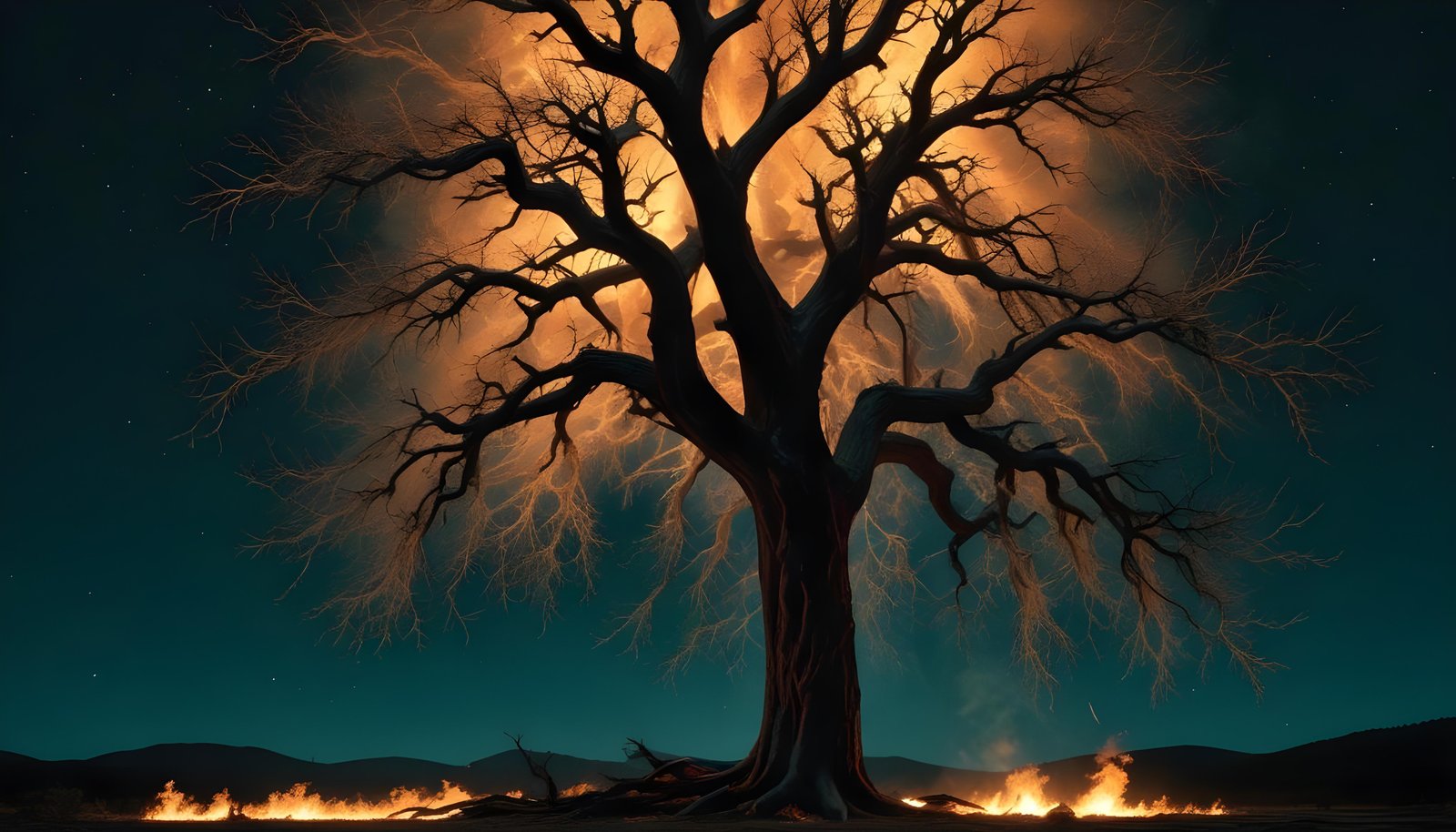 Majestic Ancient Tree with Glowing Fire and Dramatic Fantasy Landscape