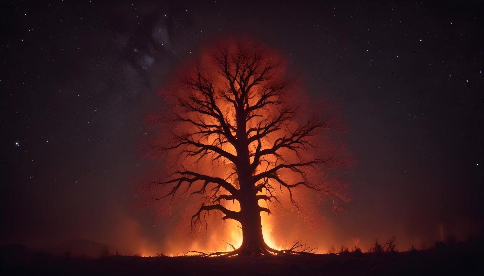 Majestic Ancient Tree with Glowing Fire and Dramatic Fantasy Landscape