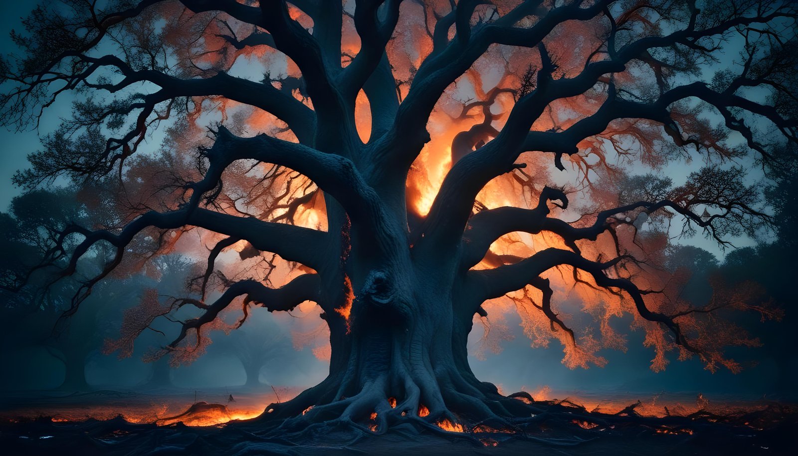 Majestic Ancient Tree with Glowing Fire and Dramatic Fantasy Landscape