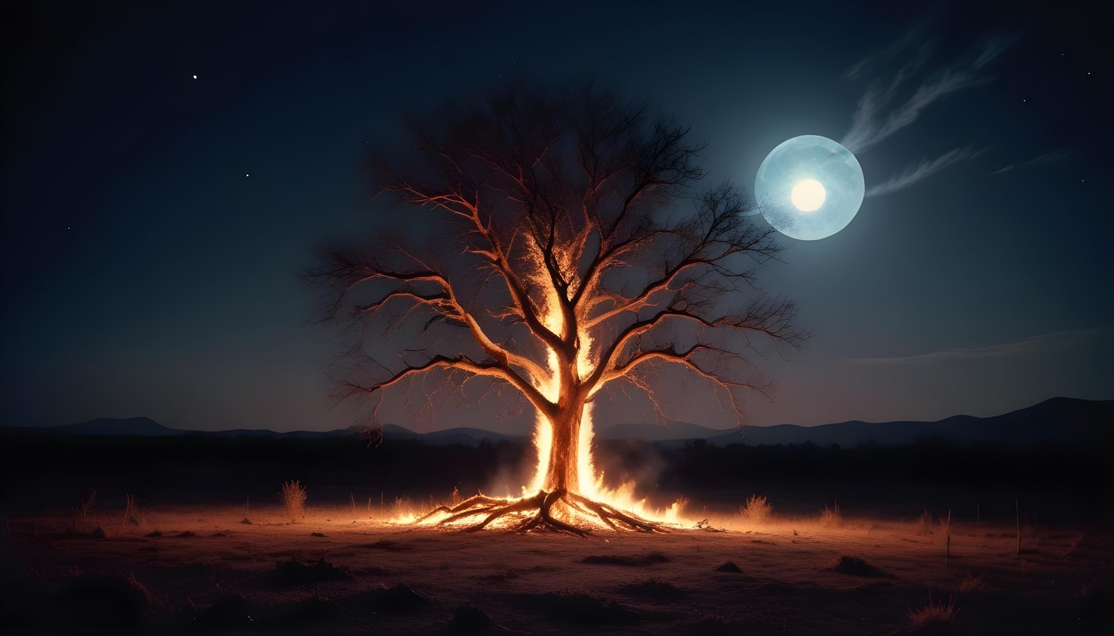 Majestic Ancient Tree with Glowing Fire and Dramatic Fantasy Landscape