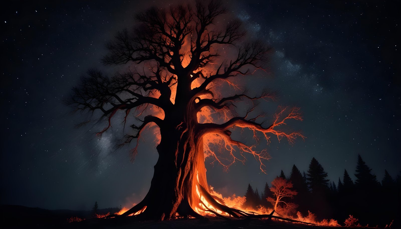 Majestic Ancient Tree with Glowing Fire and Dramatic Fantasy Landscape