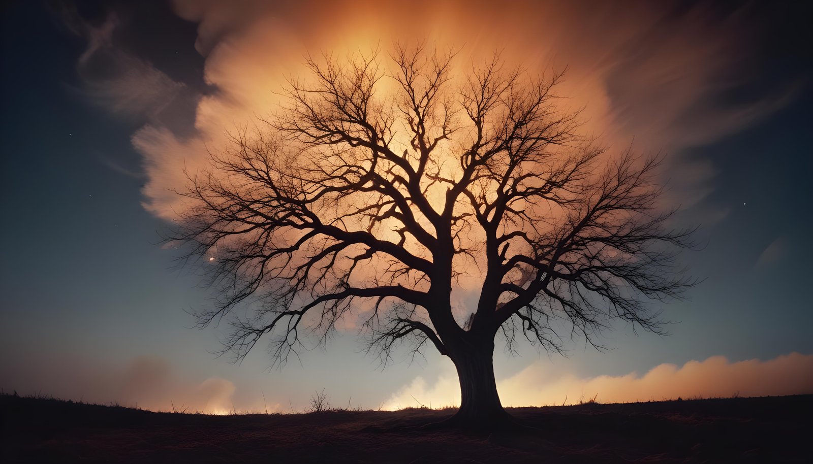 Majestic Ancient Tree with Glowing Fire and Dramatic Fantasy Landscape