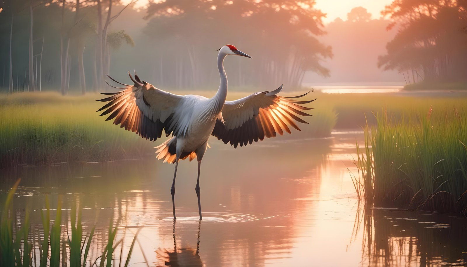 Majestic Crane Bird in Serene River Landscape with Autumn Forest Background
